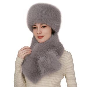 3894 Fluffy Faux Fur Scarf & Hat Set For Women- Winter Wrap